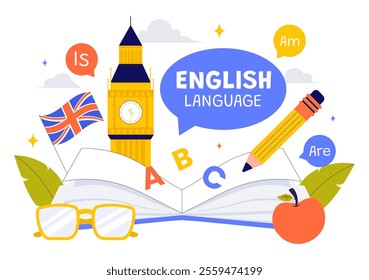 English Language Vector Illustration featuring Students Studying Foreign Languages, Global Communication, and Elementary Grammar Lessons Background