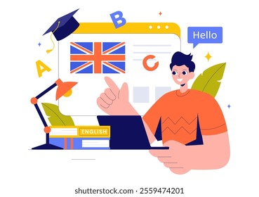 English Language Vector Illustration featuring Students Studying Foreign Languages, Global Communication, and Elementary Grammar Lessons Background