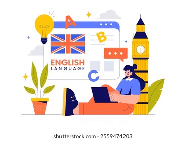 English Language Vector Illustration featuring Students Studying Foreign Languages, Global Communication, and Elementary Grammar Lessons Background