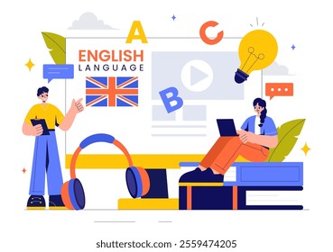 English Language Vector Illustration featuring Students Studying Foreign Languages, Global Communication, and Elementary Grammar Lessons Background