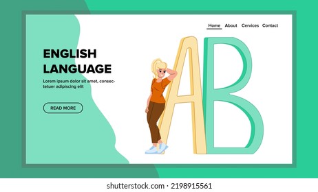english language vector. school education, concept learn, student course, study british, lesson communication english language character. people flat cartoon illustration
