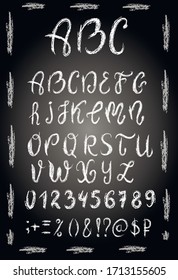 English, latin abc, alphabet chalk vector isolated on black background. Concept for menu, cards, invitation  
