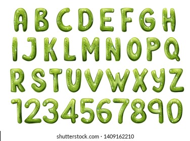 English or Latin alphabet from A to Z and numbers. Vector kiwi tropical fruit font, glossy typeface, complete ABC. Uppercase letters and numerals, exotic green food with seeds, tasty dessert font