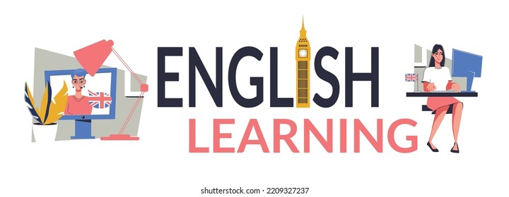 English learning big letters text with teacher giving online lessons and british landmarks flat vector illustration
