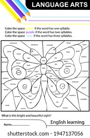 English learning. Butterfly. Task coloring the space if the word has one, two or three syllables. Language arts. Worksheet at school, home. Sketch vector illustration