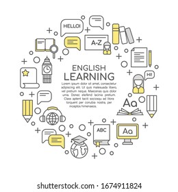 English learning icons set round concept on white background. Online education, training school, study foreign language abroad. Vector illustration