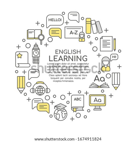 English learning icons set round concept on white background. Online education, training school, study foreign language abroad. Vector illustration
