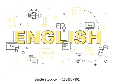 English learning linear concept on white background. Online education, training school, study foreign language abroad. Vector illustration