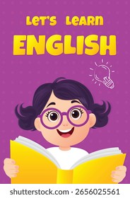 English Learning Poster with Kid Holding Book Vector Illustration.