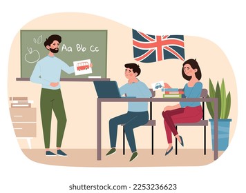 English lesson concept. Man in class shows children picture and asks them to name word, school. Education and learning, grammar. Poster or banner for website. Cartoon flat vector illustration