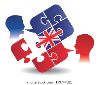 English lesson dialog Two students and Puzzle bubble talk with a British flag symbolizing English conversation.Vector illustration 