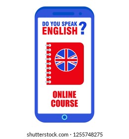 English lesson on the screen of a mobile phone. Individual study of a foreign language using mobile applications and programs. Online courses, distance education.