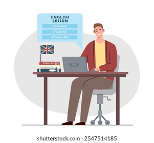 Aula de inglês online. Homem com laptop aprende gramática, pronúncia e vocabulário. Educação, aprendizagem e formação na Internet. Cara com língua estrangeira. Ilustração de vetor plano