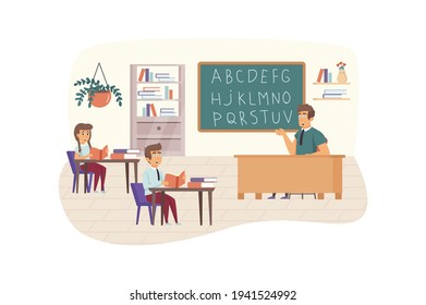 English lesson scene. Teacher explains topic, writes alphabet on blackboard. Pupils sit in classroom. Primary education, back to school concept. Vector illustration of people characters in flat design