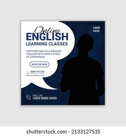 English lessons online Institution social media post design template. Advertising social media posts with customized layers. Promotional social media posts for advertising