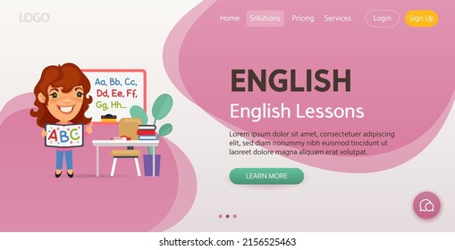 English Lessons website template. Illustration of a cartoon children's English teacher in the class shows on a blackboard with the alphabet. Composition with a professional. Flat female character.