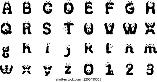 English letter abstract black and white vector cartoon panda