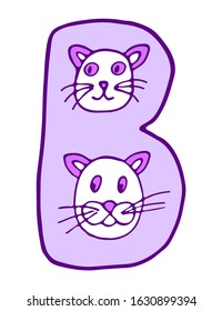 English letter B with cat in doodles style. Kids font vector Illustration on a white background.