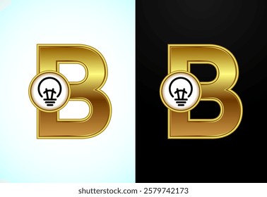 English letter B with electric bulb in gold color, Creative idea logo concept