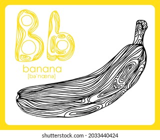 English letter B made with linear with abstract banana isolated on white background. Fruit alphabet. Vector illustration.