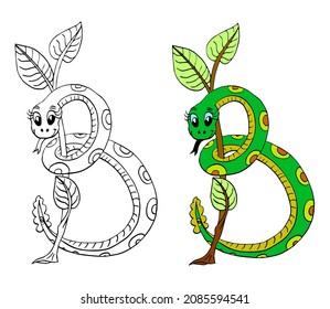 English letter B stylized as a snake. Funny letters. Children's drawing for coloring. Cartoon, Sketch and doodling theme. Vector design for teaching and textbooks