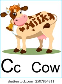 English letter C and picture illustration of a cow in cartoon style for teaching children the English alphabet Vetor