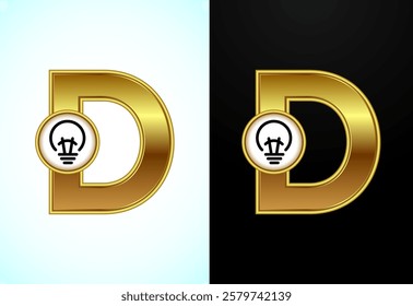 English letter D with electric bulb in gold color, Creative idea logo concept