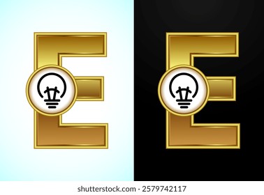 English letter E with electric bulb in gold color, Creative idea logo concept