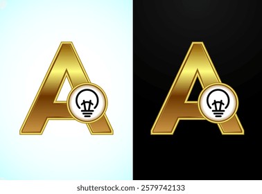 English letter A with electric bulb in gold color, Creative idea logo concept