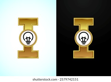 English letter I with electric bulb in gold color, Creative idea logo concept
