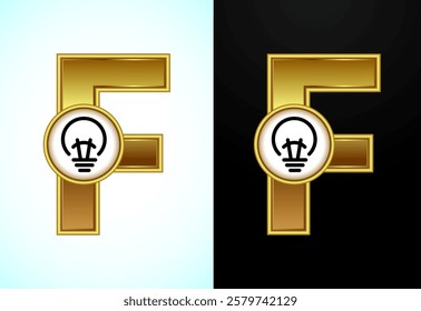 English letter F with electric bulb in gold color, Creative idea logo concept