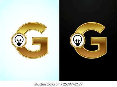 English letter G with electric bulb in gold color, Creative idea logo concept