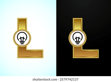 English letter L with electric bulb in gold color, Creative idea logo concept