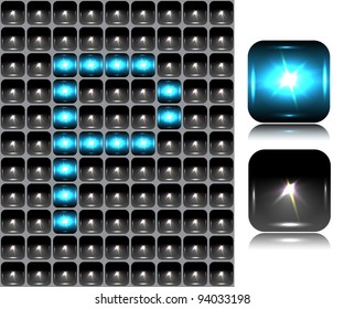 English letter made of flash lights; vector illustration; eps10; 4 named layers, easy editable! BONUS!!! Seamless background (black buttons) and two buttons-spotlights with reflection!!!