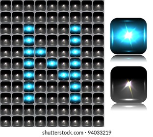 English letter made of flash lights; vector illustration; eps10; 4 named layers, easy editable! BONUS!!! Seamless background (black buttons) and two buttons-spotlights with reflection!!!