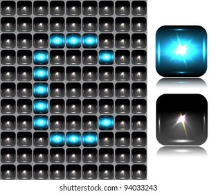 English letter made of flash lights; vector illustration; eps10; 4 named layers, easy editable! BONUS!!! Seamless background (black buttons) and two buttons-spotlights with reflection!!!