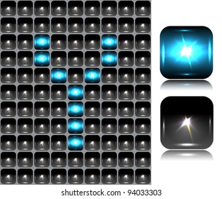 English letter made of flash lights; vector illustration; eps10; 4 named layers, easy editable! BONUS!!! Seamless background (black buttons) and two buttons-spotlights with reflection!!!