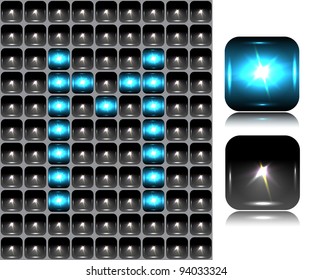 English letter made of flash lights; vector illustration; eps10; 4 named layers, easy editable! BONUS!!! Seamless background (black buttons) and two buttons-spotlights with reflection!!!