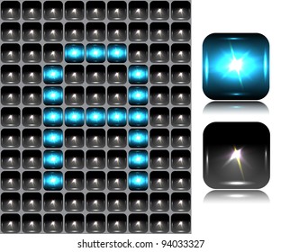 English letter made of flash lights; vector illustration; eps10; 4 named layers, easy editable! BONUS!!! Seamless background (black buttons) and two buttons-spotlights with reflection!!!