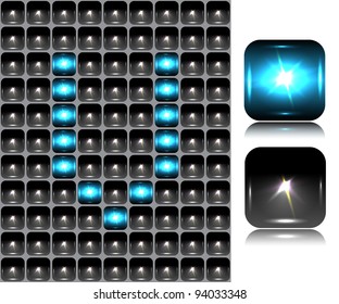 English letter made of flash lights; vector illustration; eps10; 4 named layers, easy editable! BONUS!!! Seamless background (black buttons) and two buttons-spotlights with reflection!!!