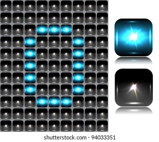 English letter made of flash lights; vector illustration; eps10; 4 named layers, easy editable! BONUS!!! Seamless background (black buttons) and two buttons-spotlights with reflection!!!