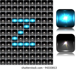 English letter made of flash lights; vector illustration; eps10; 4 named layers, easy editable! BONUS!!! Seamless background (black buttons) and two buttons-spotlights with reflection!!!