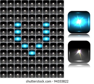 English letter made of flash lights; vector illustration; eps10; 4 named layers, easy editable! BONUS!!! Seamless background (black buttons) and two buttons-spotlights with reflection!!!