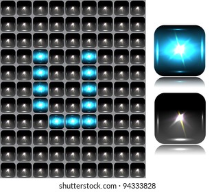 English letter made of flash lights; vector illustration; eps10; 4 named layers, easy editable! BONUS!!! Seamless background (black buttons) and two buttons-spotlights with reflection!!!