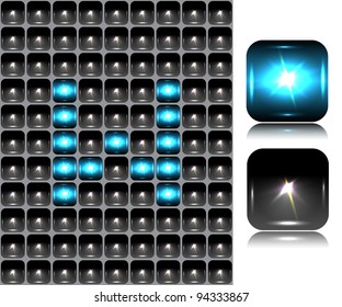 English letter made of flash lights; vector illustration; eps10; 4 named layers, easy editable! BONUS!!! Seamless background (black buttons) and two buttons-spotlights with reflection!!!