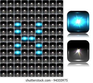 English letter made of flash lights; vector illustration; eps10; 4 named layers, easy editable! BONUS!!! Seamless background (black buttons) and two buttons-spotlights with reflection!!!