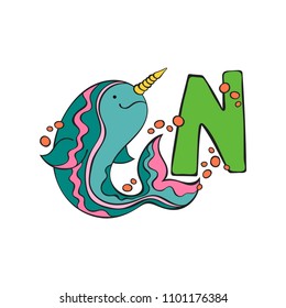 English letter N. Narwhal. Isolated vector object on white background.