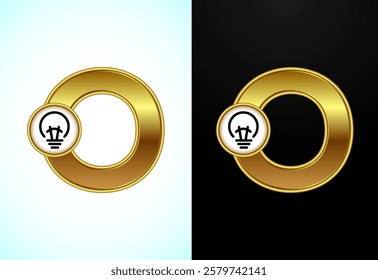 English letter O with electric bulb in gold color, Creative idea logo concept