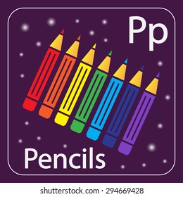 The English letter P and a set of pencils