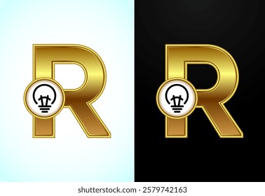 English letter R with electric bulb in gold color, Creative idea logo concept